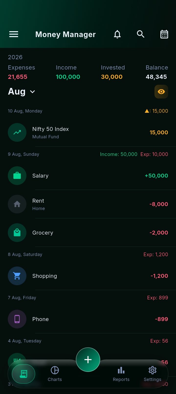 Money Manager's records screen: 21,655 spent, 100,000 earned, 30,000 invested and a 48,345 balance for the year, above August's transactions grouped by date - a mutual fund buy, salary, rent, grocery, shopping and phone