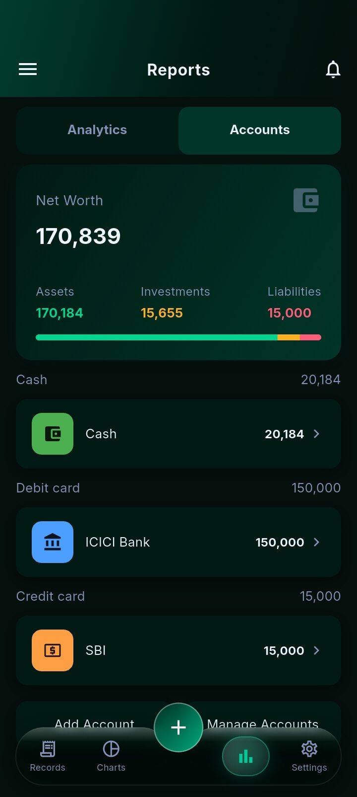 Money Manager's accounts view: a net worth of 170,839 split into assets, investments and liabilities, above the cash, debit card and credit card balances behind it