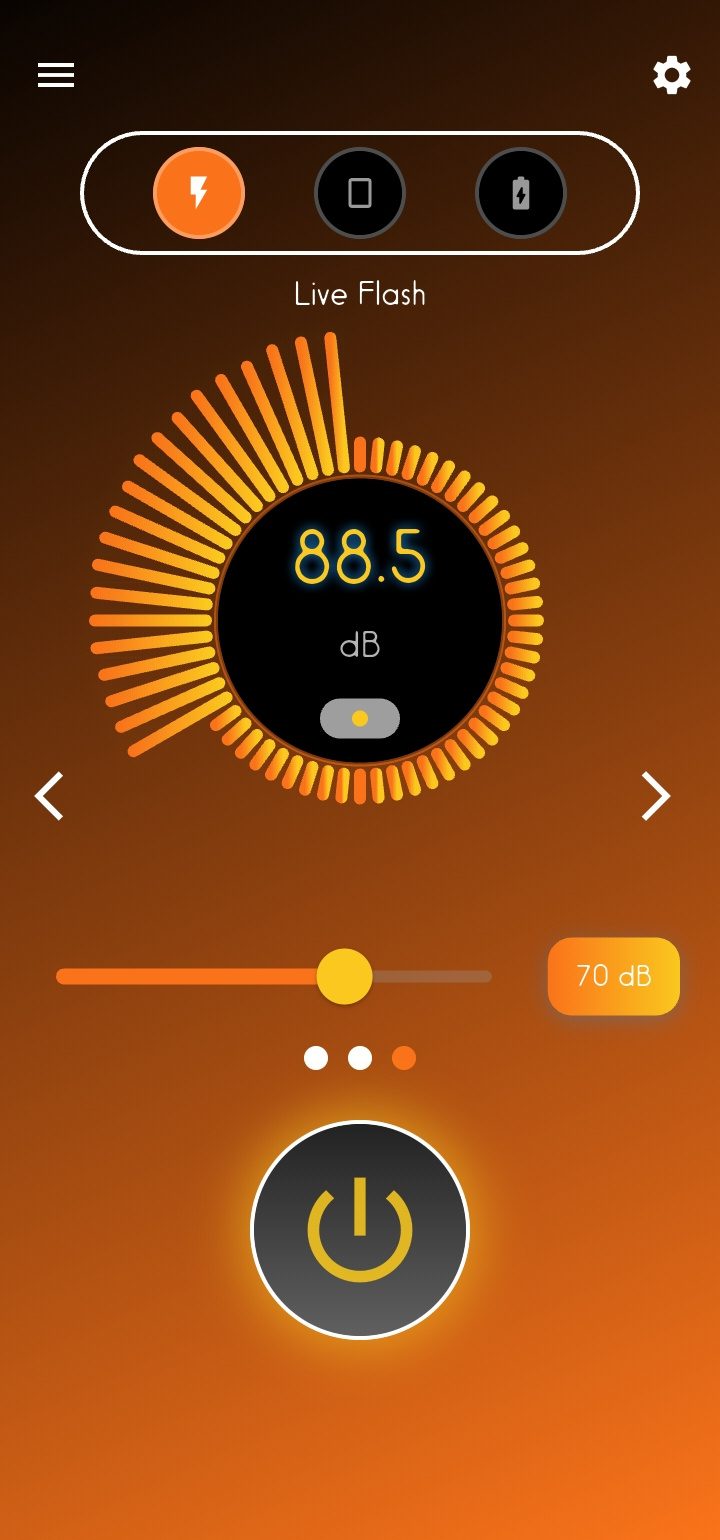 Party Flashlight's Live Flash screen: a ring meter reading 88.5 dB, a sensitivity slider set to 70 dB, and a lit power button
